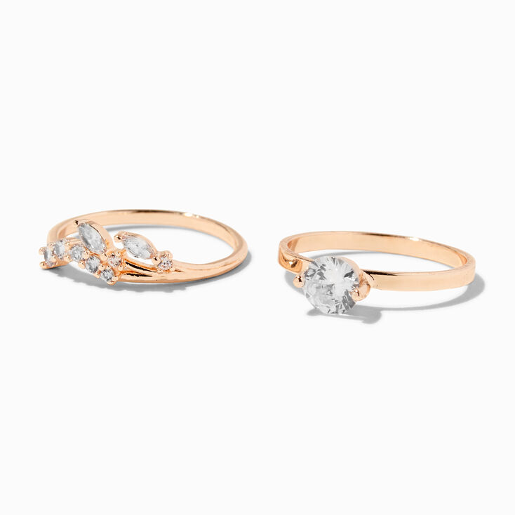 Rose Gold Cubic Zirconia Leaf Rings - 2 Pack,