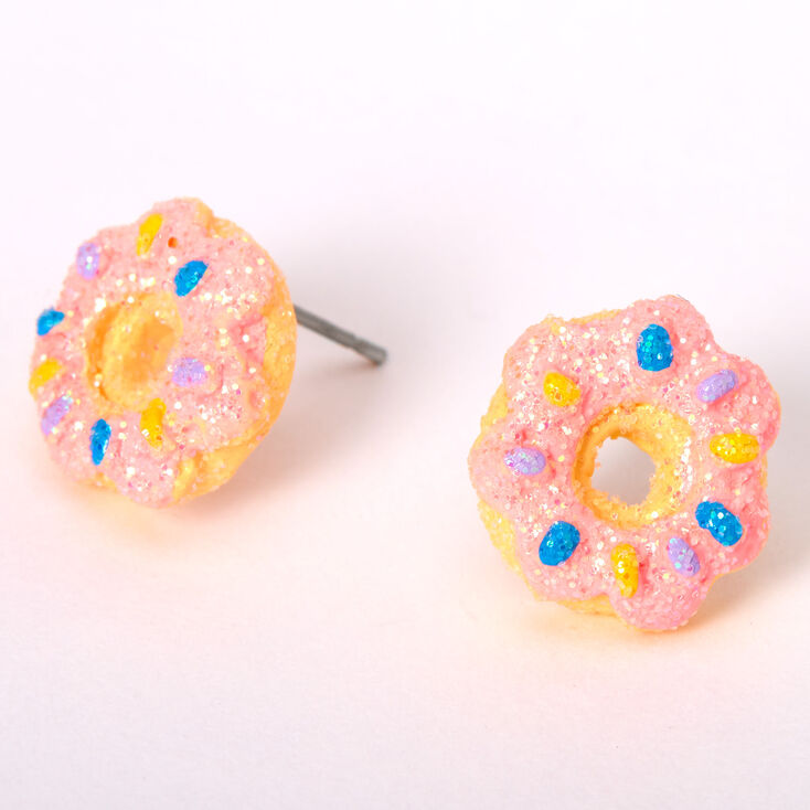 Silver Glitter Donut Stud Earrings - Pink,
