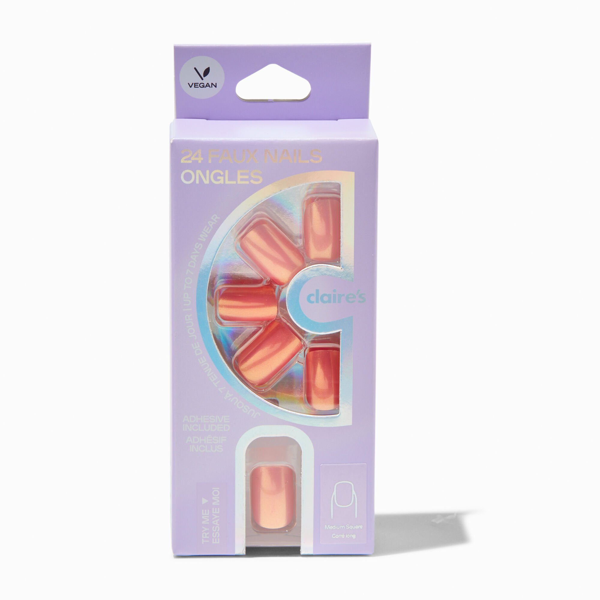 Coral Chrome Square Vegan Faux Nail Set - 24 Pack,