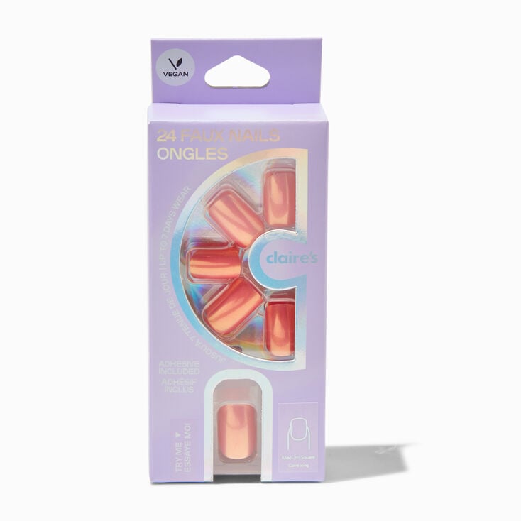 Coral Chrome Square Vegan Faux Nail Set - 24 Pack,