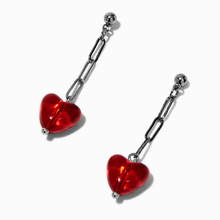 Red Puffy Heart Chain Drop Earrings,