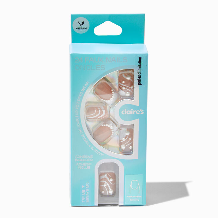 Swirly French Tip Bling Medium Square Vegan Faux Nail Set - 24 Pack,