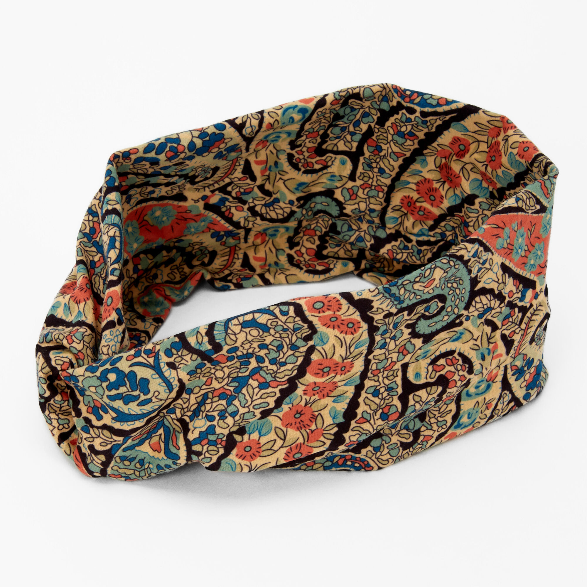 Bandeau torsadé motif cachemire marron,
