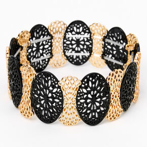 Gold-tone &amp; Black Filigree Circles Stretch Bracelet,