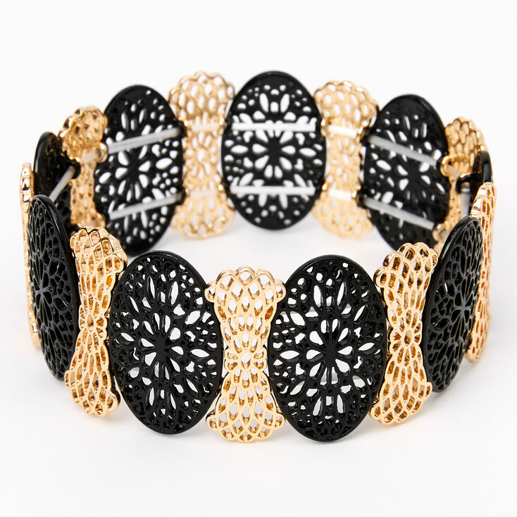 Gold-tone &amp; Black Filigree Circles Stretch Bracelet,