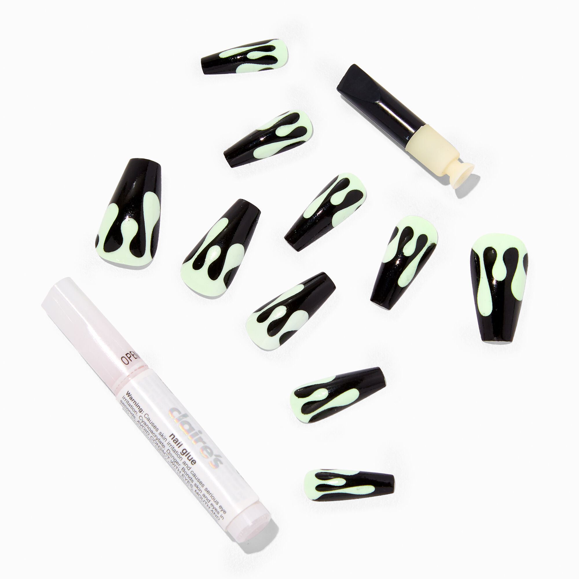 Black & Green Drip Squareletto Vegan Faux Nail Set - 24 Pack,