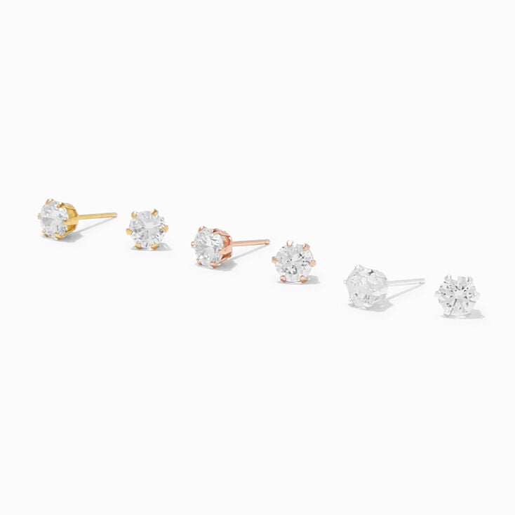 C LUXE by Claire&#39;s Sterling Silver Cubic Zirconia 4MM Round Stud Earrings - 3 Pack,