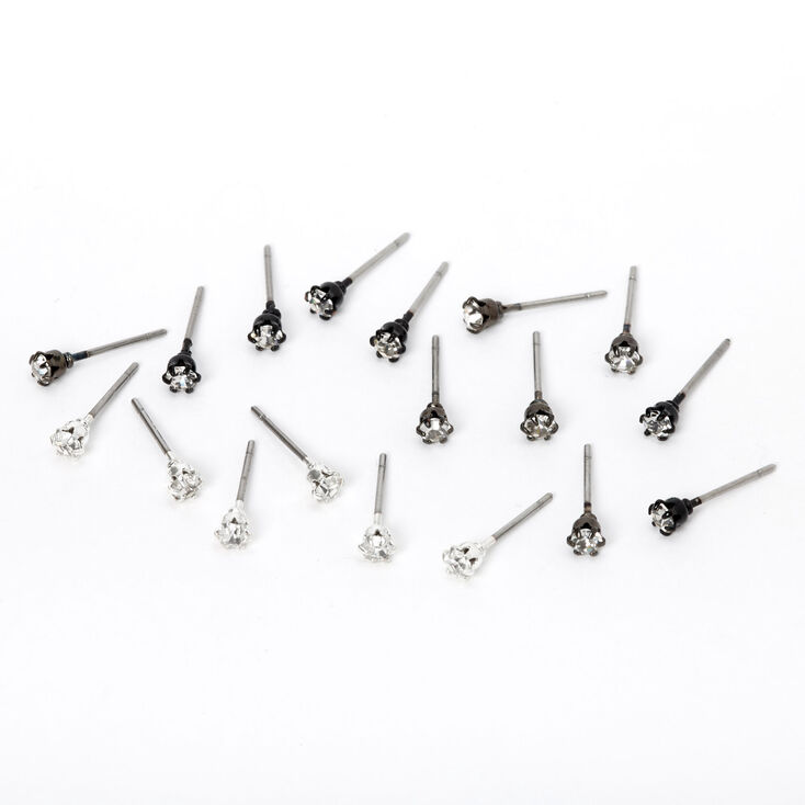 Silver, Hematite, &amp; Black 3MM Stud Earrings - 9 Pack,
