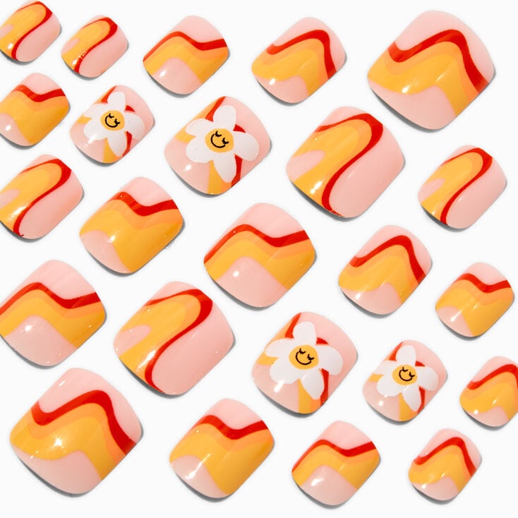 Retro Daisy Swirl Square Press On Vegan Faux Nail Set - 24 Pack,