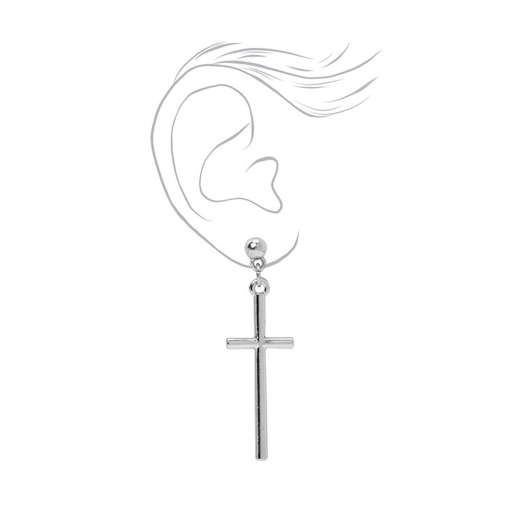 Silver 1.5&quot; Basic Cross Drop Earrings,