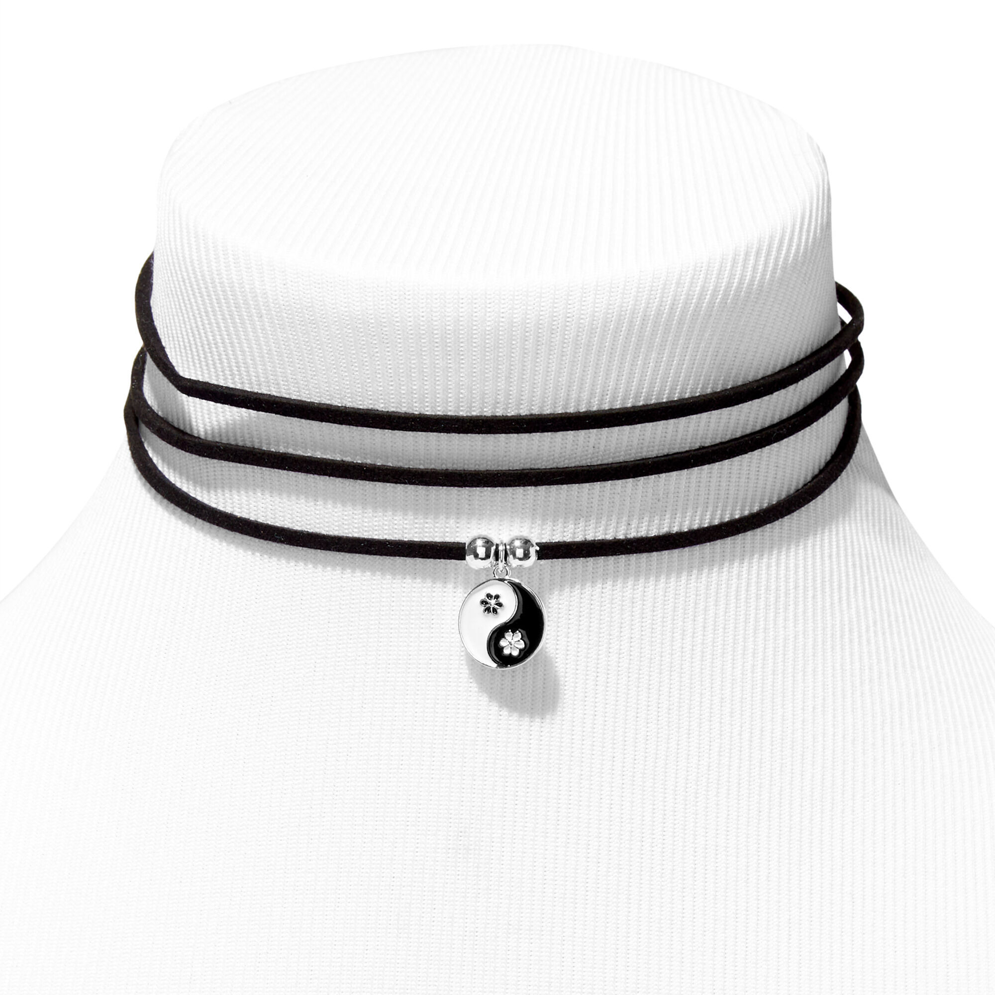 Black Daisy Yin Yang Multi-Strand Choker Necklace & Huggie Hoop Earrings Set (2 Pack),