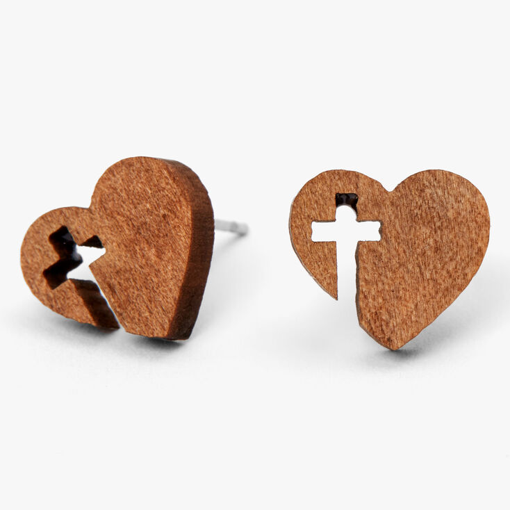 Heart Cross Wooden Stud Earrings,