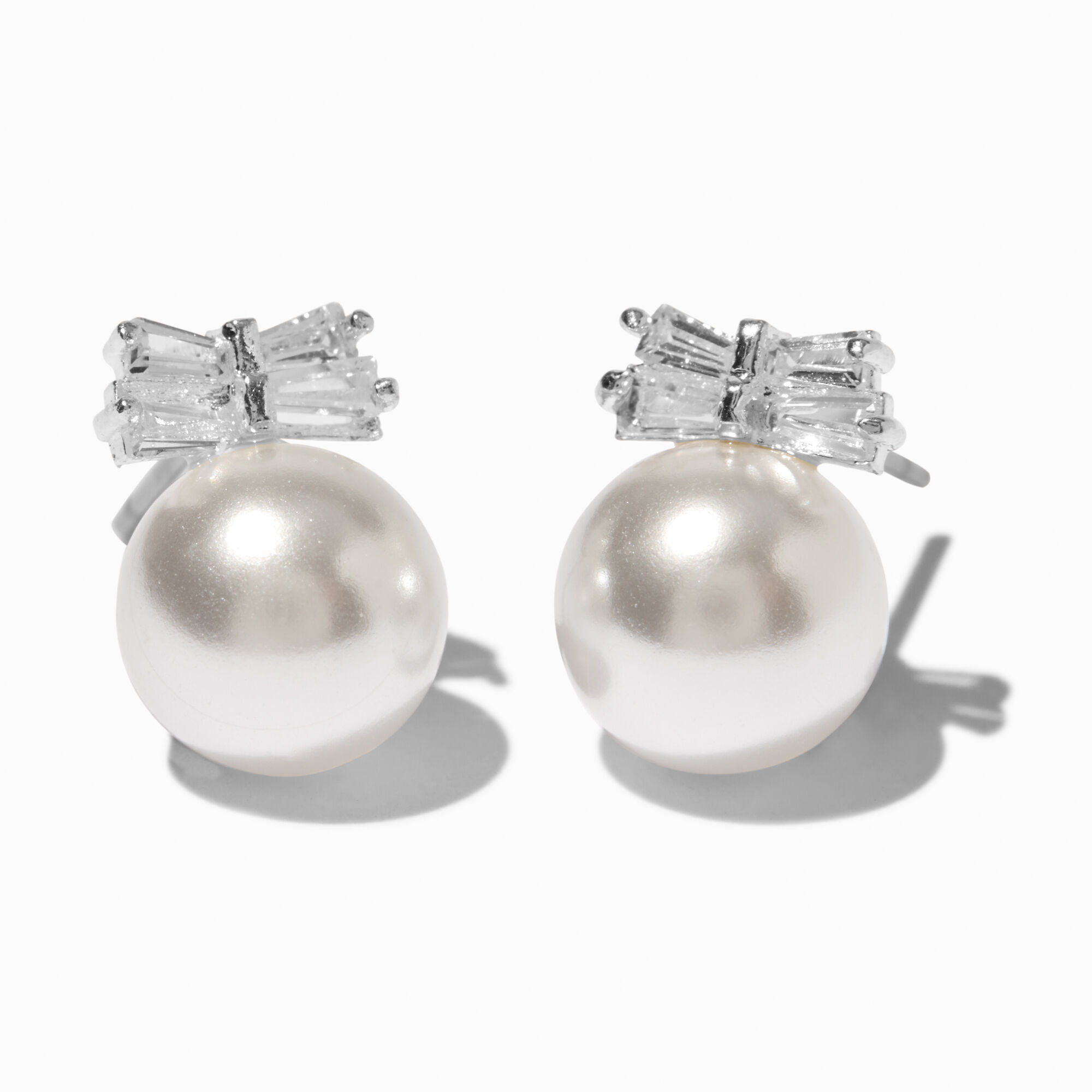 Silver tone Cubic Zirconia Bow Pearl Stud Earrings Claire s US