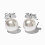 Silver-tone Cubic Zirconia Bow Pearl Stud Earrings,