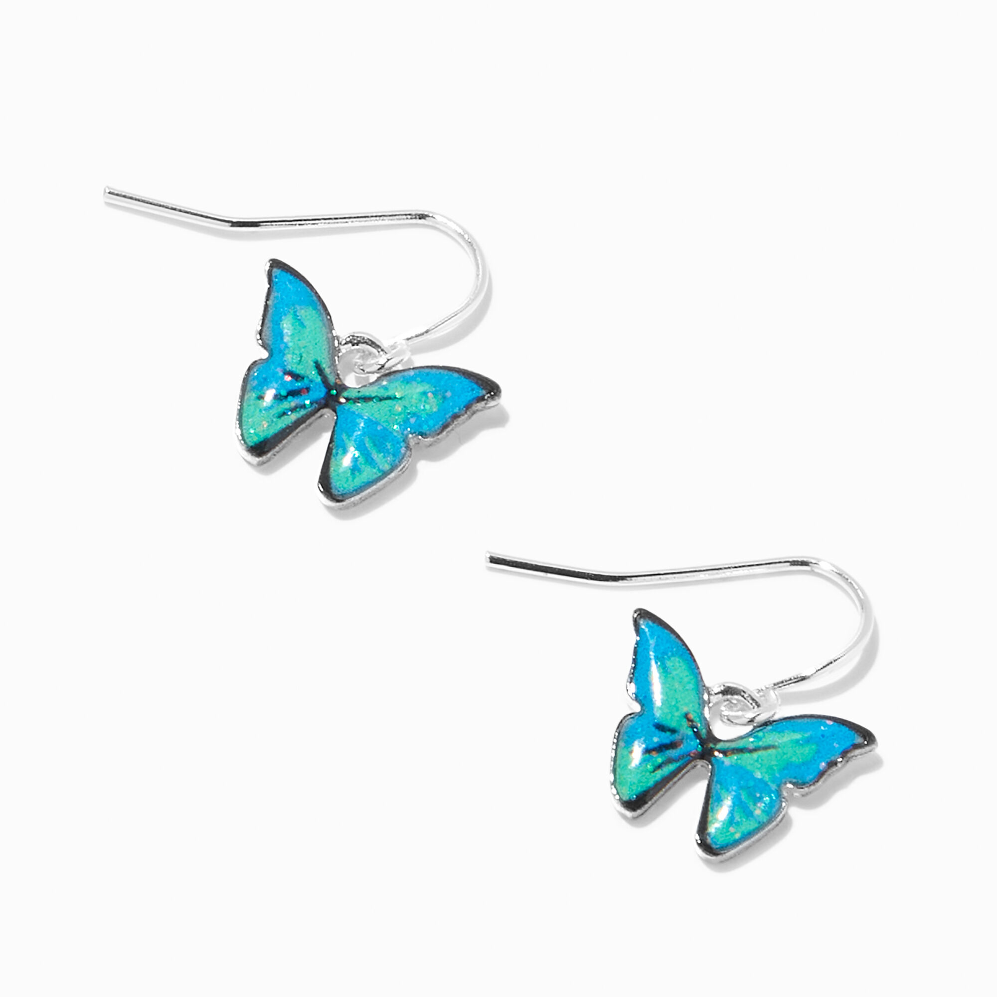 View Claires Glitter Butterfly Drop Earrings Blue information