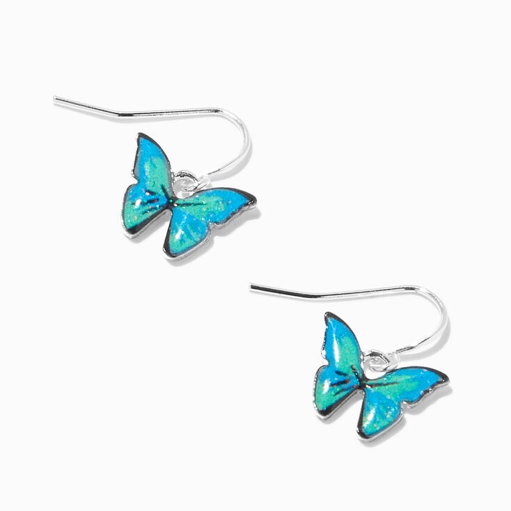 Blue Glitter Butterfly Drop Earrings,