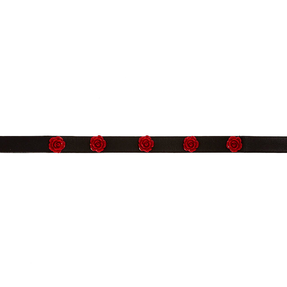 Black Leather Red Rose Choker Necklace,