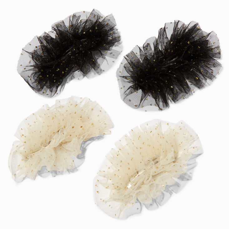 Black & Ivory Glitter Tulle Snap Hair Clips - 4 Pack