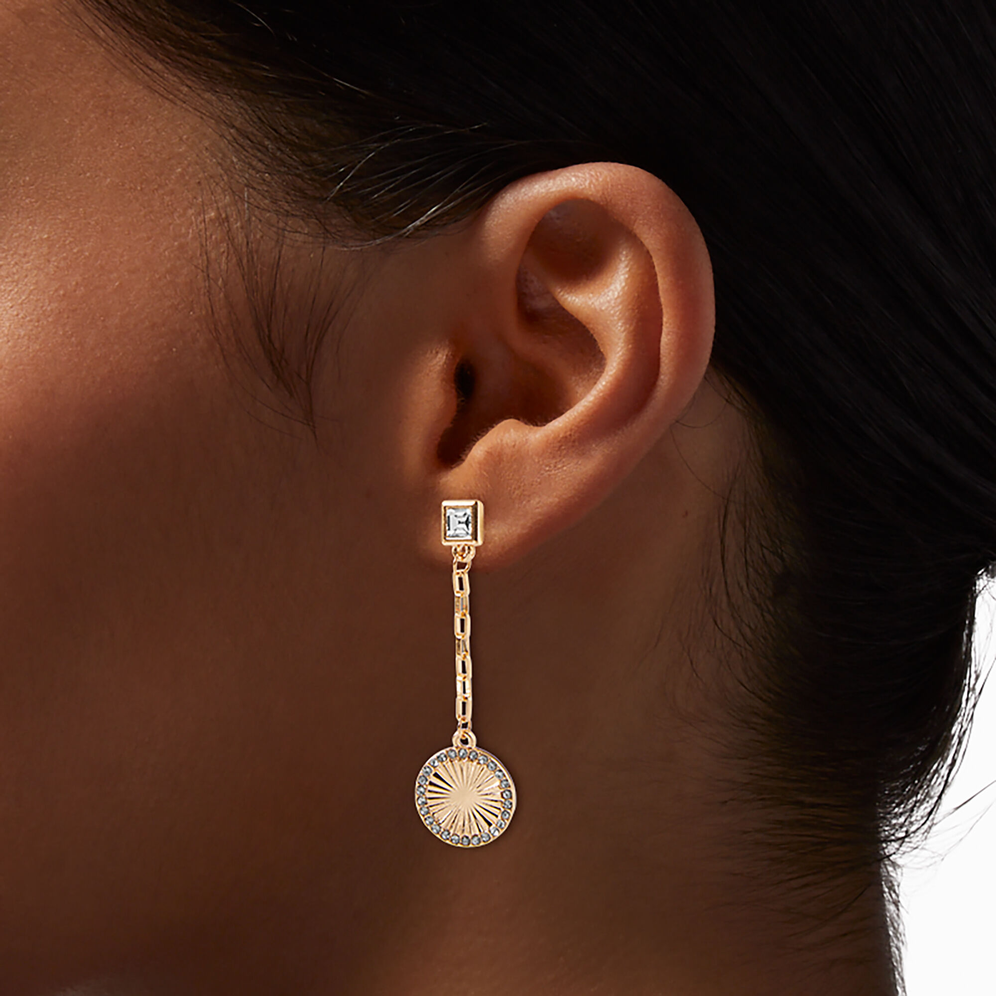 Gold-tone Chain Crystal Round Drop Earrings,