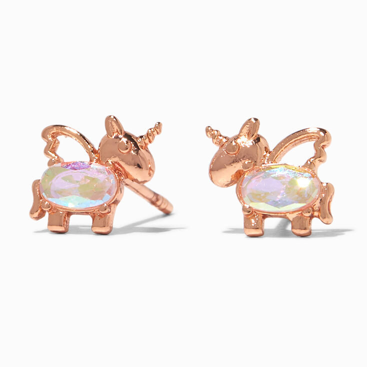 18K Gold Plated Rose Gold Cubic Zirconia Unicorn Stud Earrings,