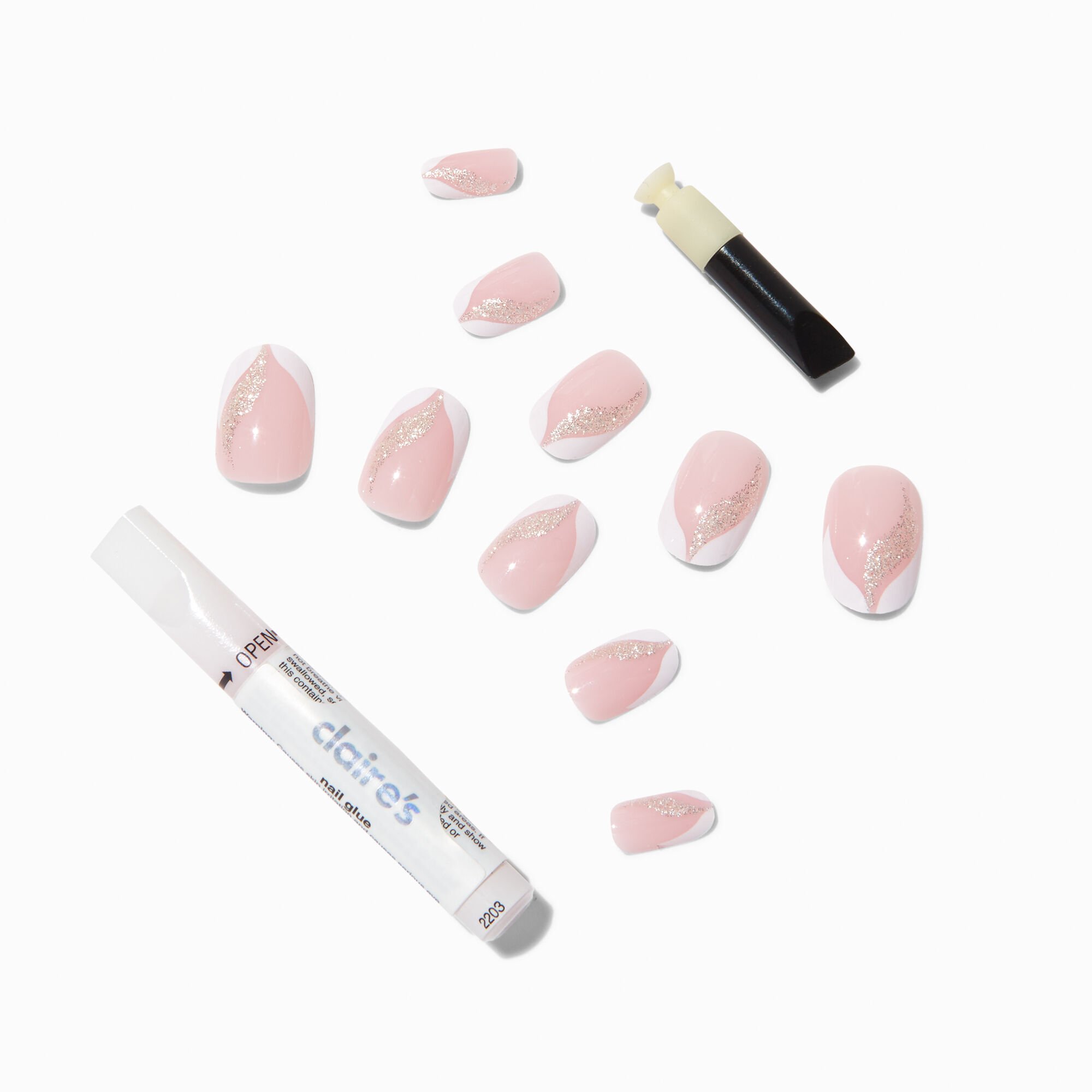 View Claires Glitter Swirl French Tip Almond Press On Vegan Faux Nail Set 24 Pack information