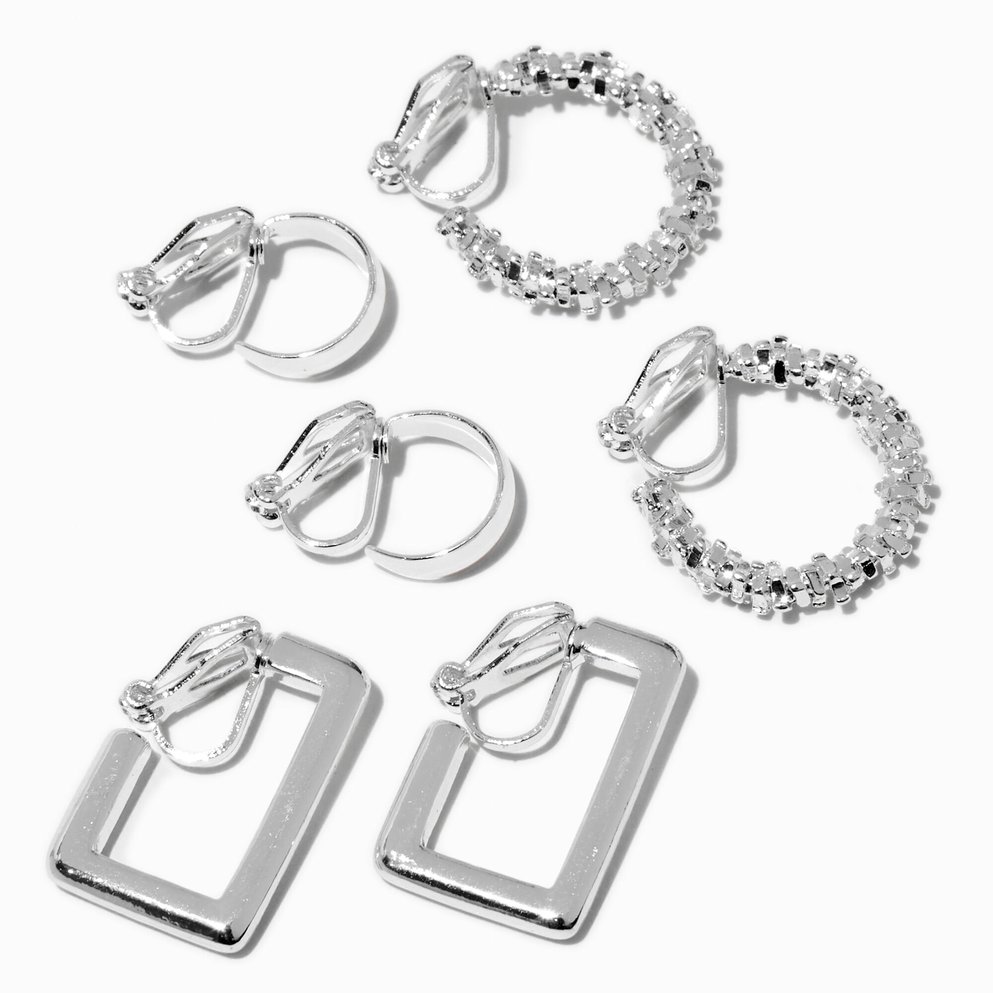 View Claires Tone Crystal Geometric ClipOn Hoop Earrings 3 Pack Silver information