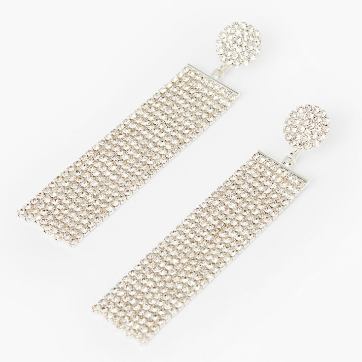 Silver Square Rhinestone Linear Fringe 3&quot; Drop Earrings,