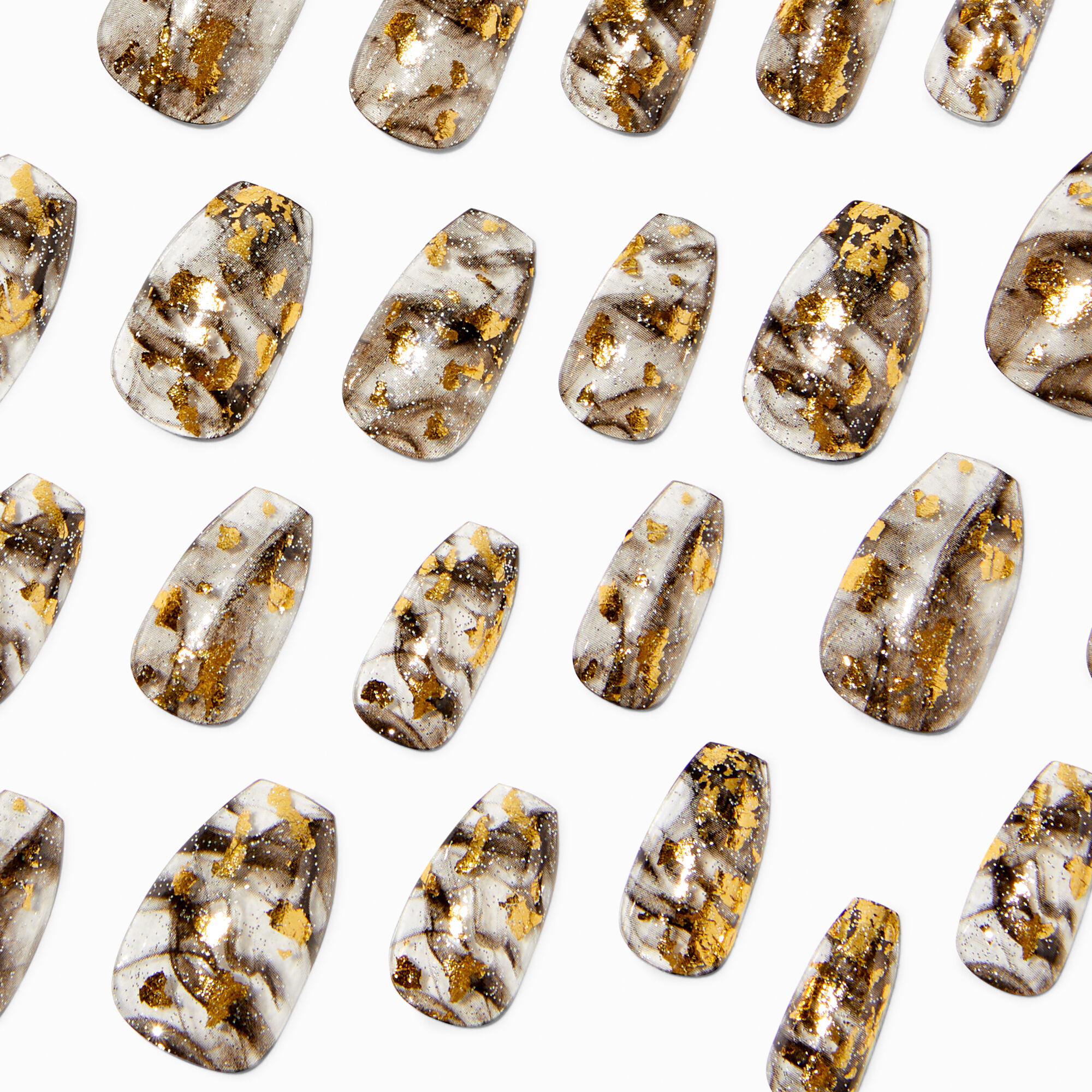 Black & Gold Marble Swirl Coffin Vegan Faux Nail Set (24 Pack),