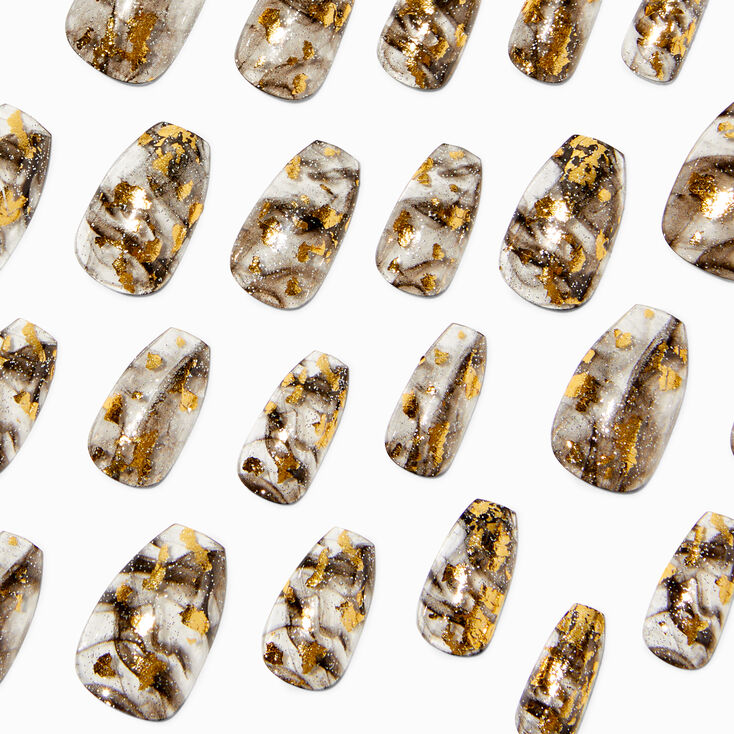 Black &amp; Gold Marble Swirl Coffin Vegan Faux Nail Set &#40;24 Pack&#41;,