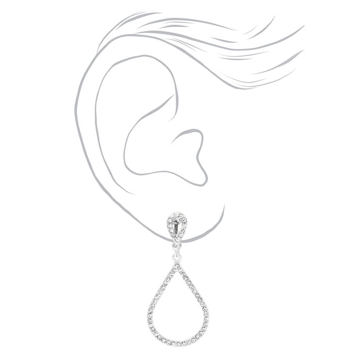 Silver-tone Crystal Teardrop Outline 1.5&quot; Clip On Drop Earrings,