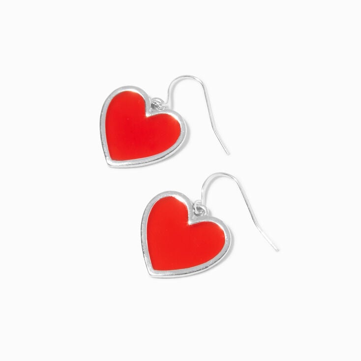 Red Enamel Heart 0.5" Silver Drop Earrings