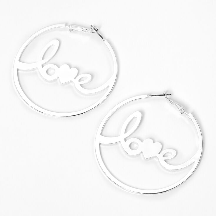 Silver Love Script Hoop Earrings,