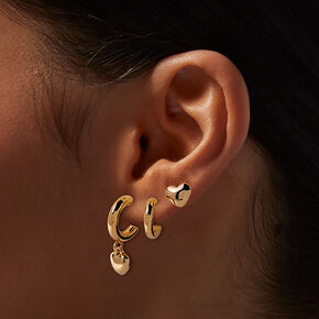 Gold-tone Puffy Heart Earring Stackables Set - 3 Pack,