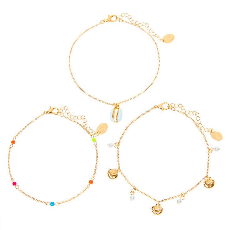 Gold Beaded Pearl Seashell Chain Anklets - 3 Pack,