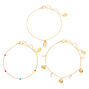 Gold Beaded Pearl Seashell Chain Anklets - 3 Pack,