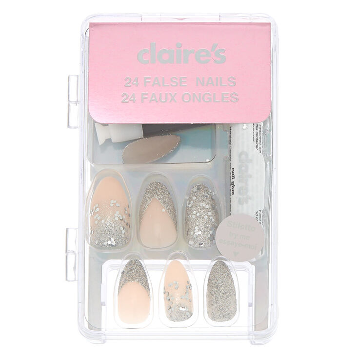 Faux ongles stiletto French manucure &agrave; paillettes - Rose, lot de 24,