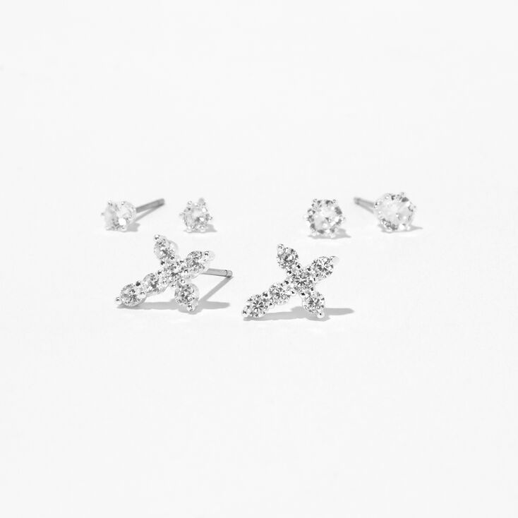 Silver-tone Cubic Zirconia Cross &amp; Stud Earrings - 3 Pack,