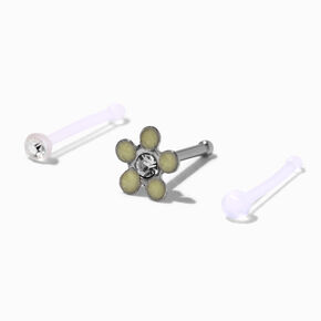 Silver-tone Glow in the Dark Daisy &amp; Mixed Stone 20G Nose Rings - 3 Pack,