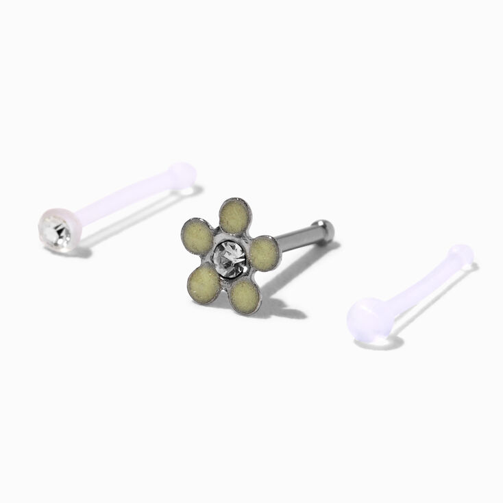 Silver Glow in the Dark Daisy &amp; Mixed Stone 20G Nose Rings - 3 Pack,