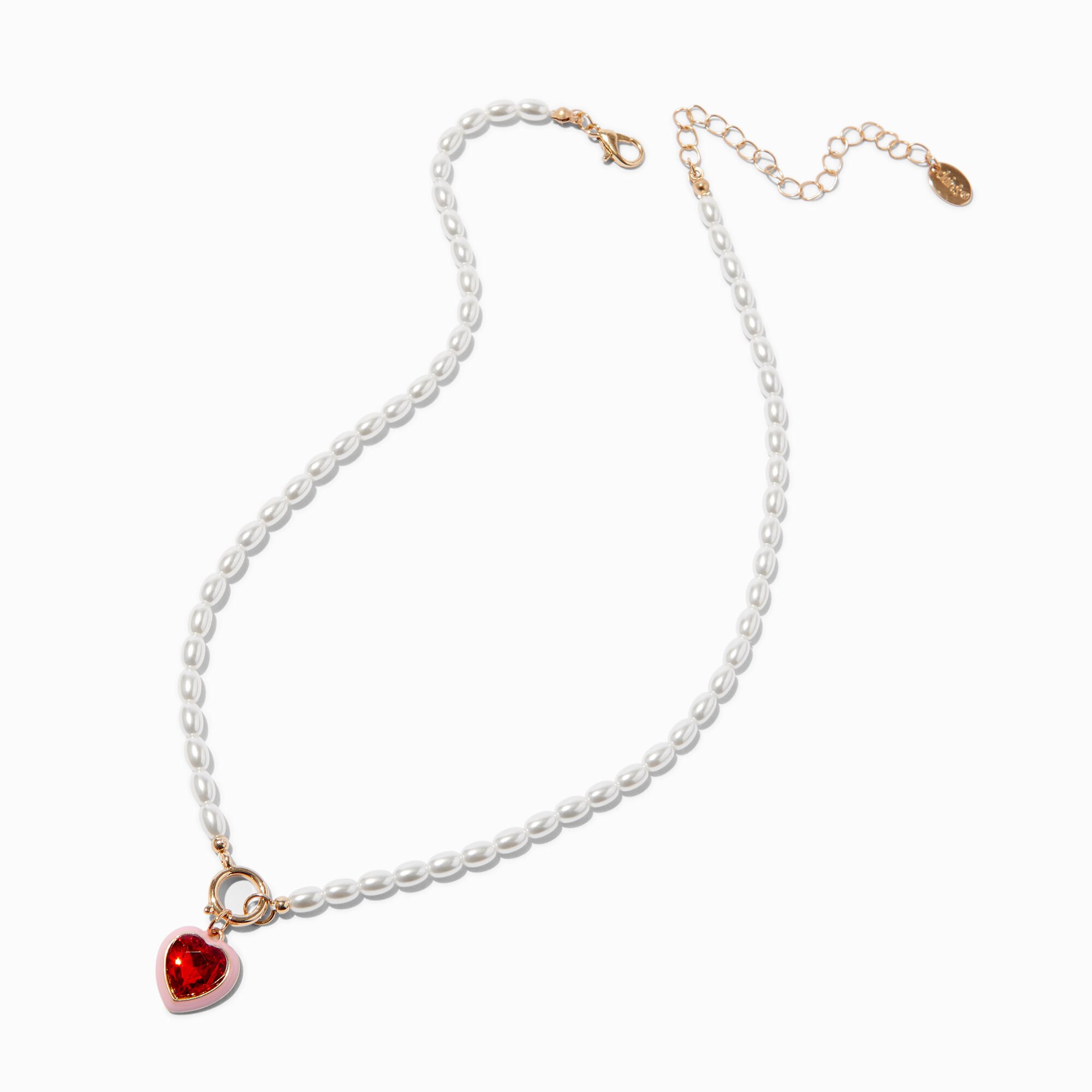 Red Heart Pendant Pearl Necklace,