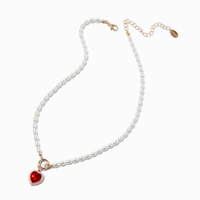 Red Heart Pendant Pearl Necklace,