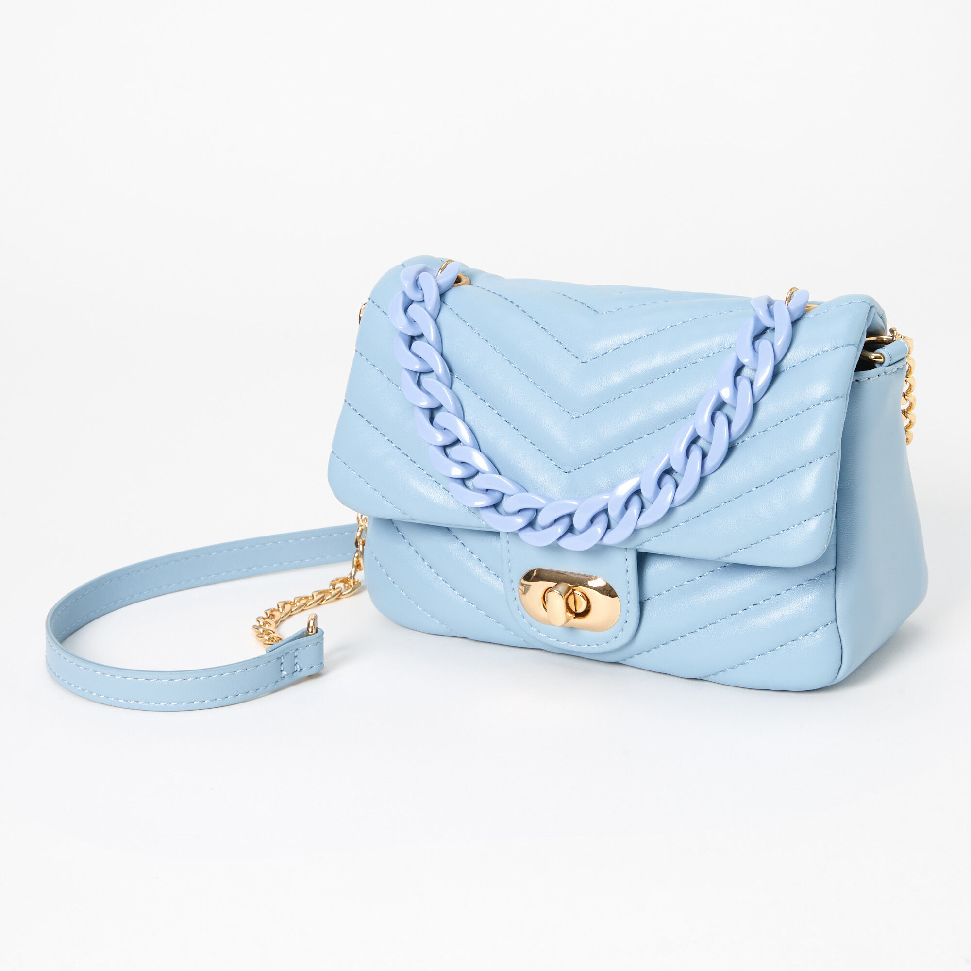 View Claires Quilted Chainlink Pvc Crossbody Bag Light Blue information