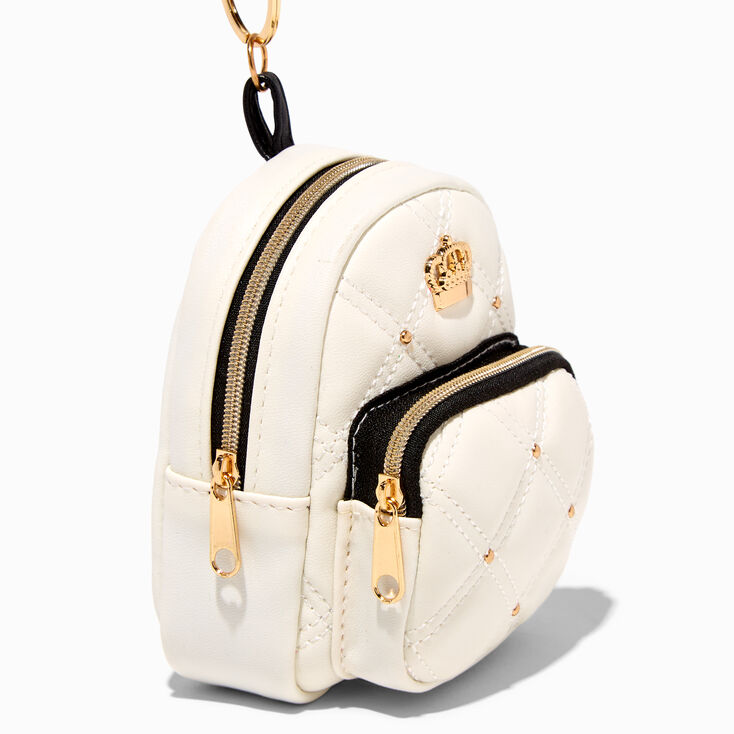 Gold Crown White Quilted Mini Backpack Keychain,