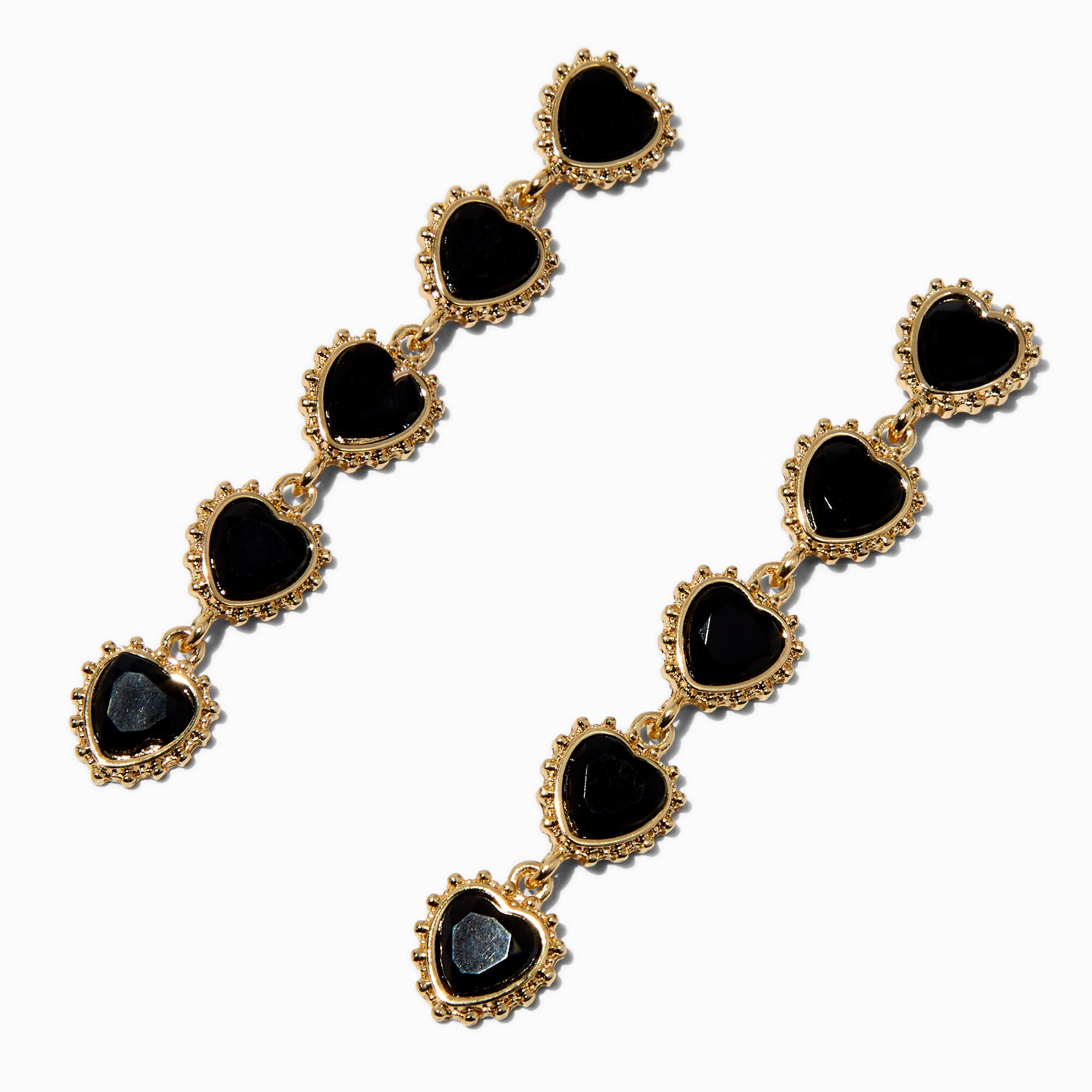 Pendantes linéaires 8 cm strass cœur noir,