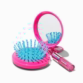 Pink Plaid Initial Hair Brush &amp; Lip Gloss Keychain - S,