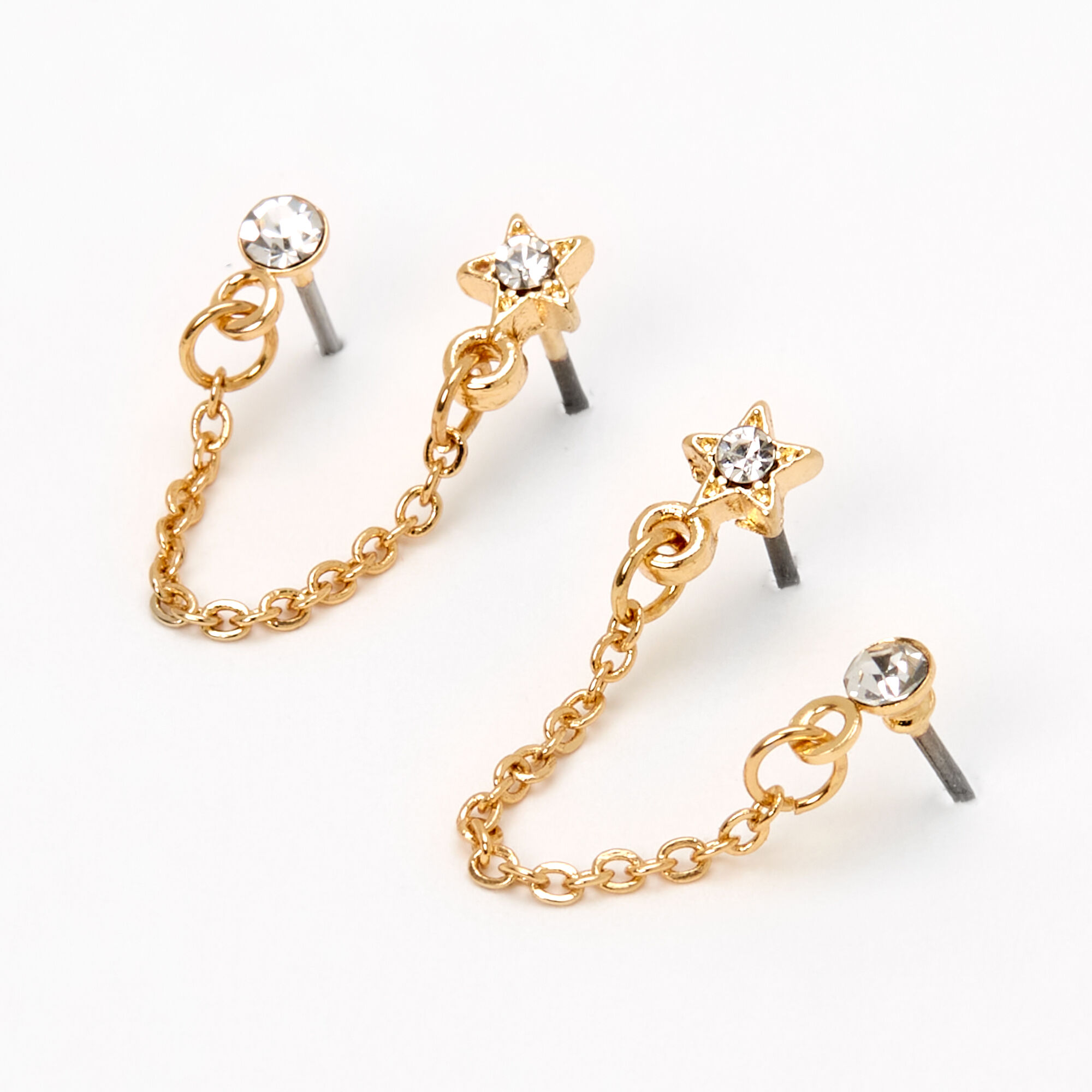 Gold Crystal Star Connector Chain Stud Earrings Claire s US