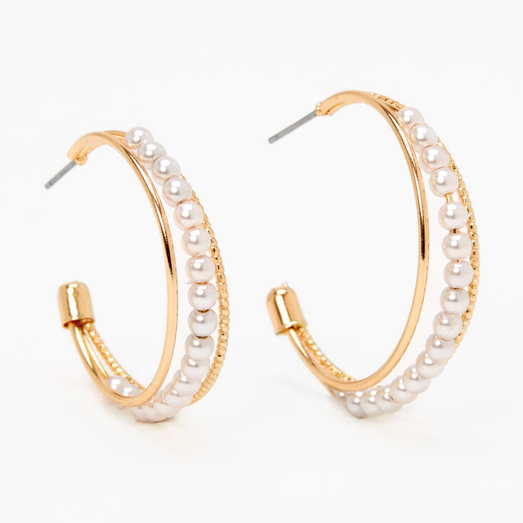 Gold 30MM Pearl Triple Hoop Earrings,