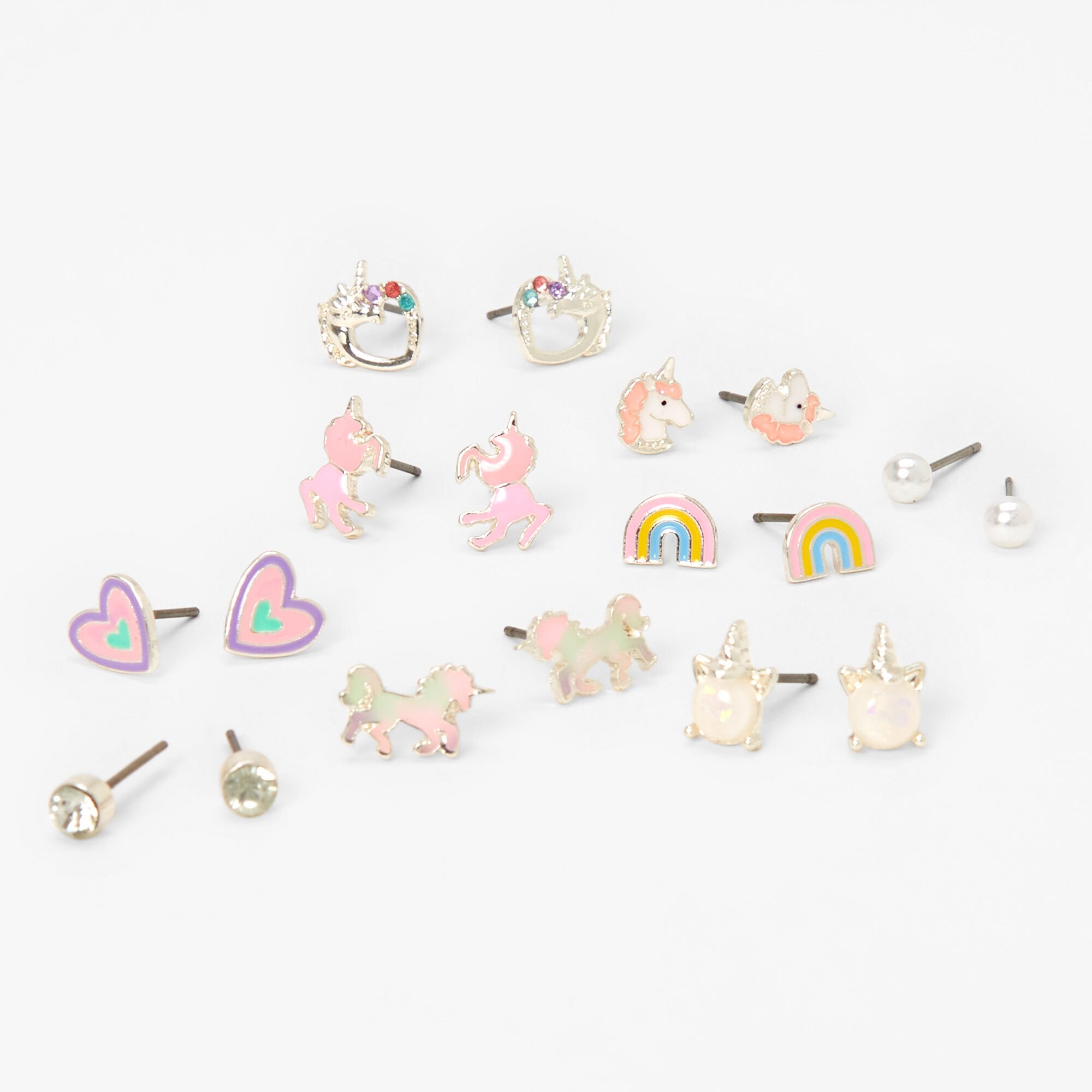 View Claires Unicorn Stud Earrings 9 Pack Silver information
