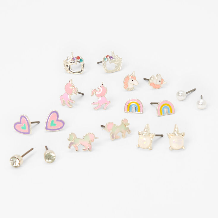 Silver Unicorn Stud Earrings - 9 Pack,