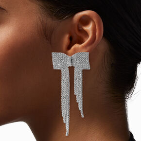 Silver-tone Pave Rhinestone Bow 3.5&quot; Drop Earrings,